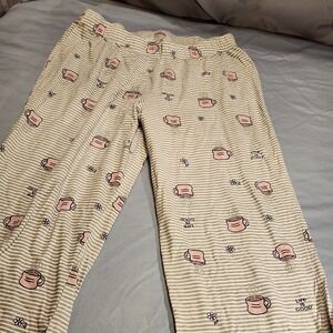Life Is Good Tan Pajama Pants with Pink Coffee Cup Print